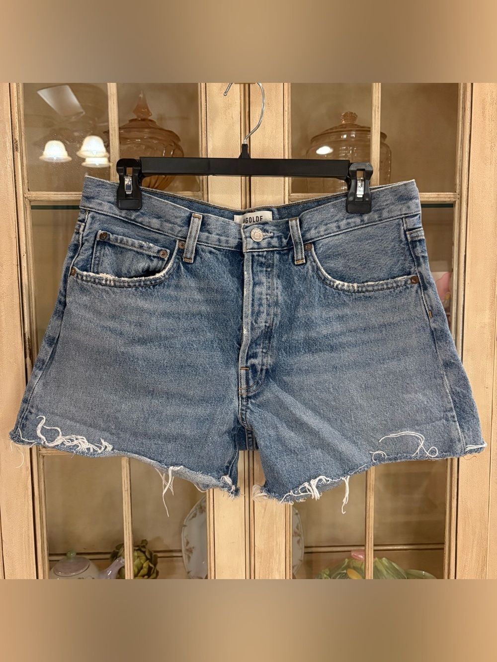 Agolde Parker Long Distressed Blue Denim Shorts Made from Organic Cotton